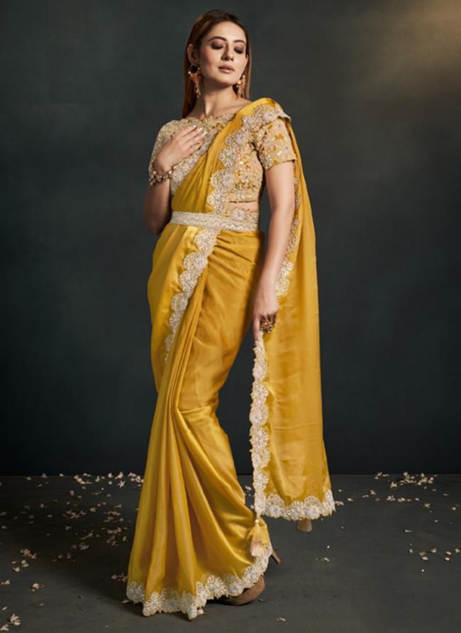 Silk Yellow Party Wear Embroidery Work Ready To Wear Saree